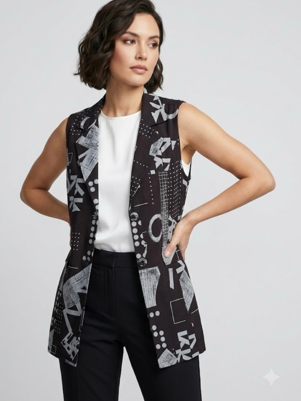 CREATION Est 2011 Black & Grey Graphic Print Button-Up Vest